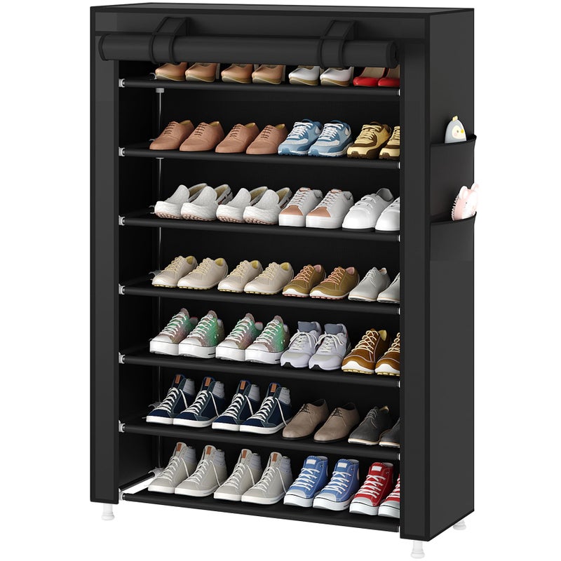 Laiensia 7-Tier Vertical Shoe Rack Organizer, Space Saving Shoe Storage Organizer, Non-Woven Cover Shoe Shelf Holds 28-35Pairs for Bedroom, Hallway, Closet Entryway, Black - Image 1