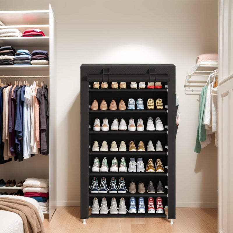 Laiensia 7-Tier Vertical Shoe Rack Organizer, Space Saving Shoe Storage Organizer, Non-Woven Cover Shoe Shelf Holds 28-35Pairs for Bedroom, Hallway, Closet Entryway, Black - Image 3