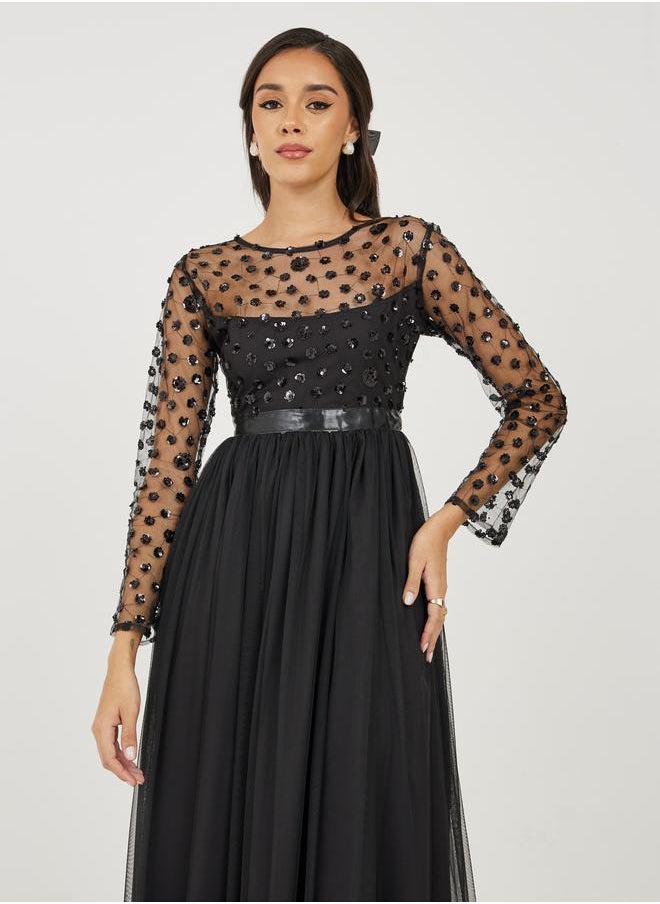 Styli Sequin Embellished Mesh Insert A-Line Maxi Dress  - Image 2