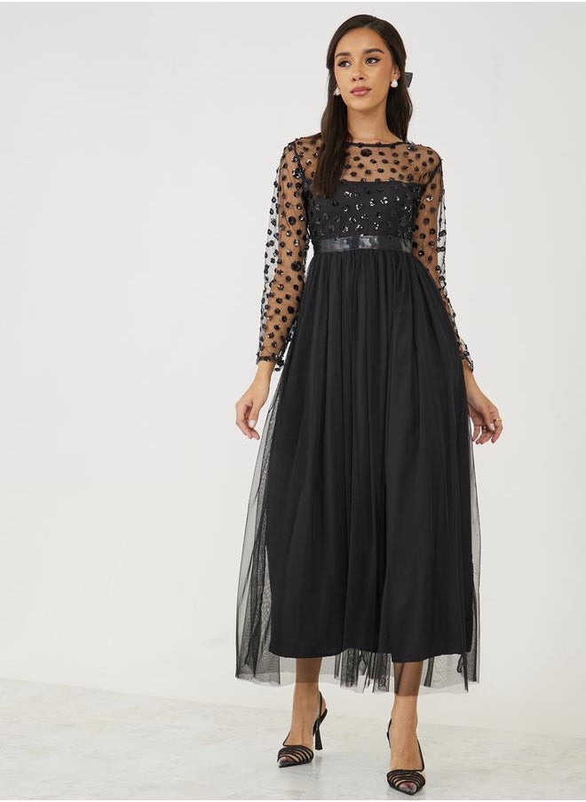 Styli Sequin Embellished Mesh Insert A-Line Maxi Dress  - Image 1