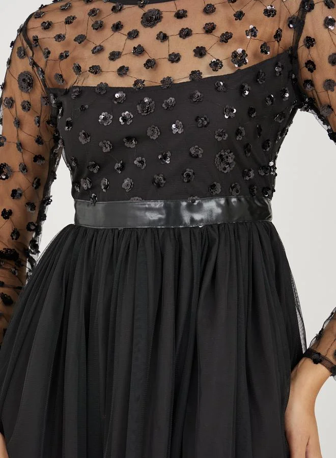 Styli Sequin Embellished Mesh Insert A-Line Maxi Dress
