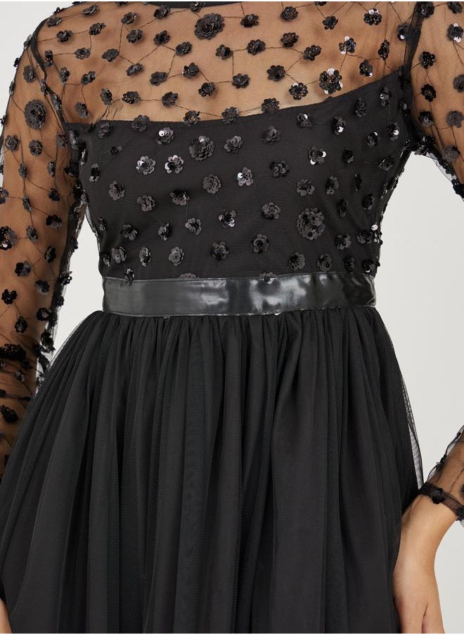 Styli Sequin Embellished Mesh Insert A-Line Maxi Dress  - Image 3