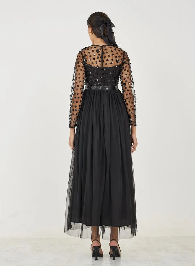 Styli Sequin Embellished Mesh Insert A-Line Maxi Dress