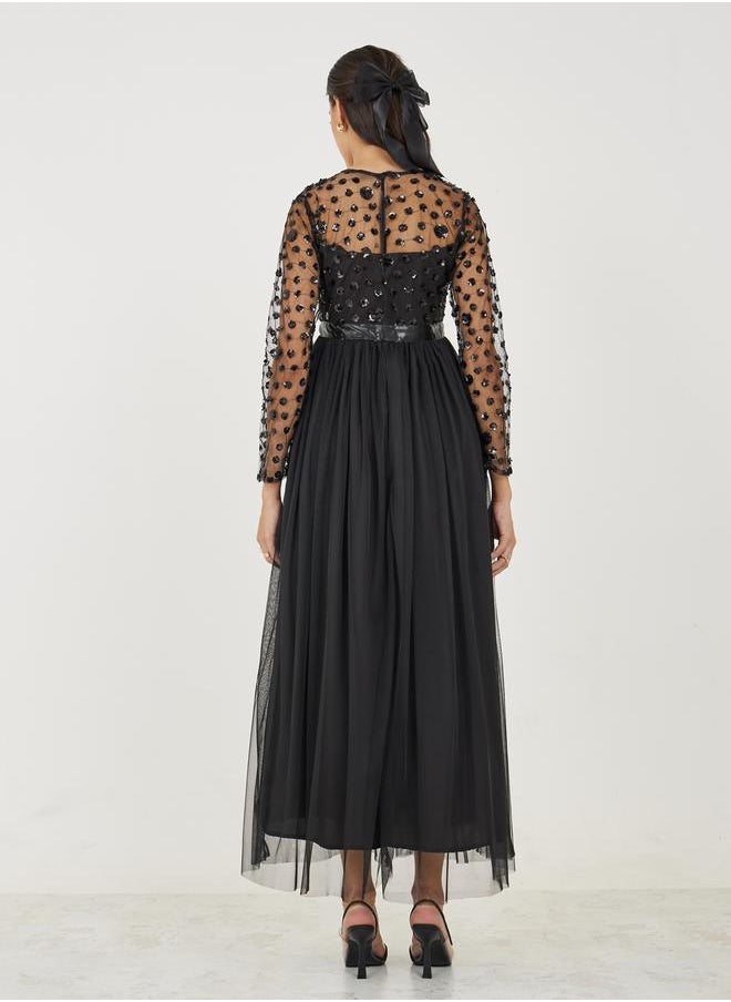 Styli Sequin Embellished Mesh Insert A-Line Maxi Dress  - Image 4