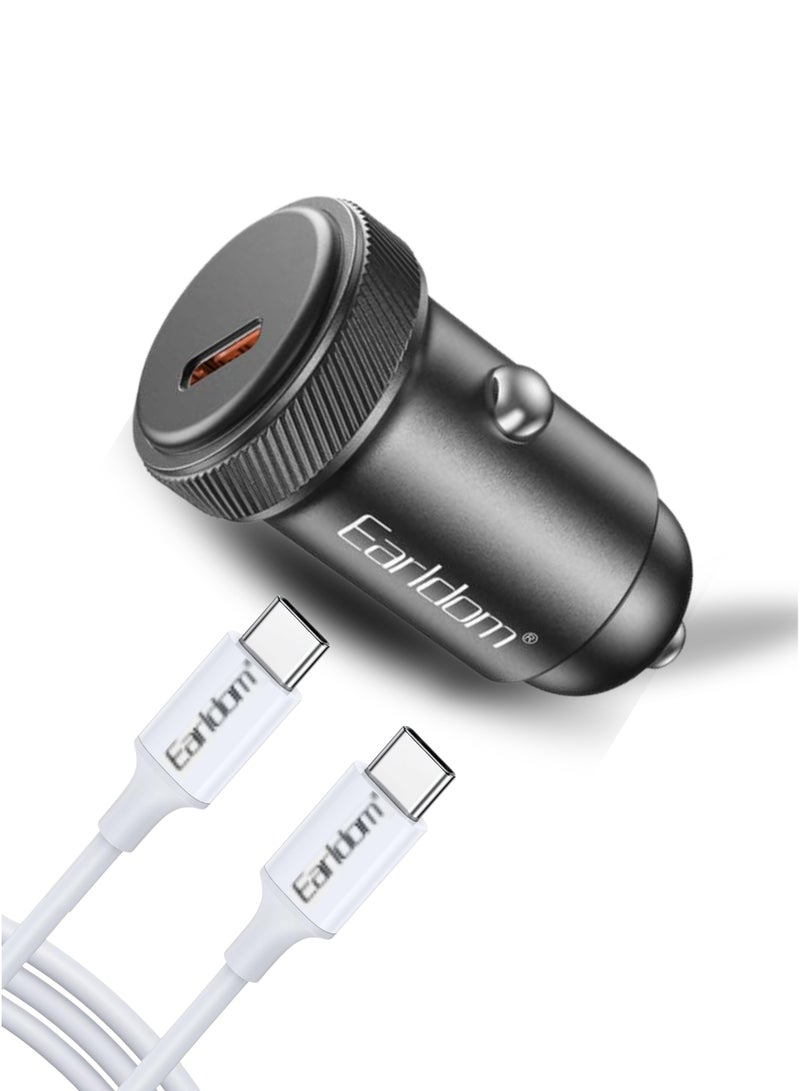 Earldom PD 30W USB-C Fast Car Charger with Type-C to C Cable – Compatible with iPhone 16–11, iPad Pro/Mini 6, Samsung S24/S23, Xiaomi, AirPods 4, Apple Watch S10 – Black - Image 1