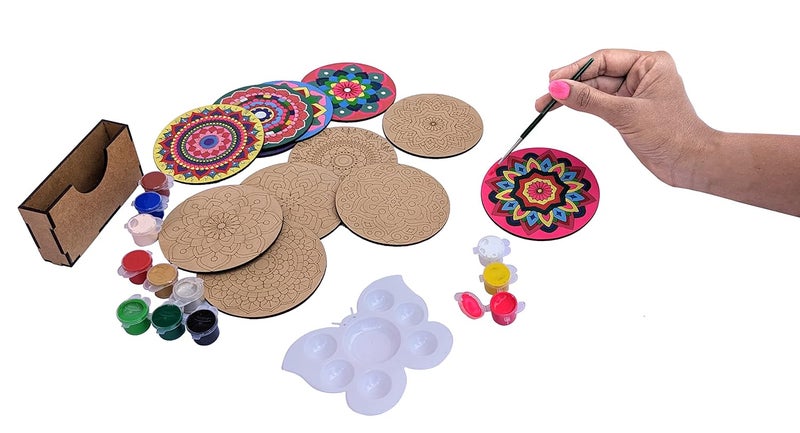 StepsToDo Wooden Mandalas Paint Kit E. Tea Coaster Set. Mandal Art. Set of 6 of Wooden Circular Base of 4 inch. with Wooden Case, Colours, Painting Brush and Dish - Image 3