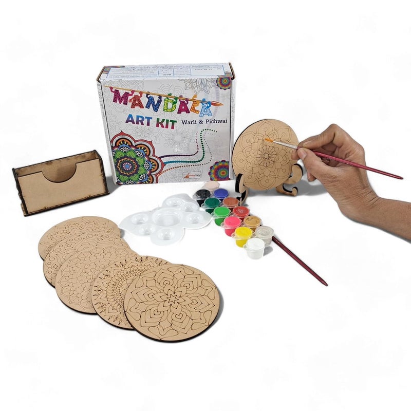 StepsToDo Wooden Mandalas Paint Kit E. Tea Coaster Set. Mandal Art. Set of 6 of Wooden Circular Base of 4 inch. with Wooden Case, Colours, Painting Brush and Dish - Image 2