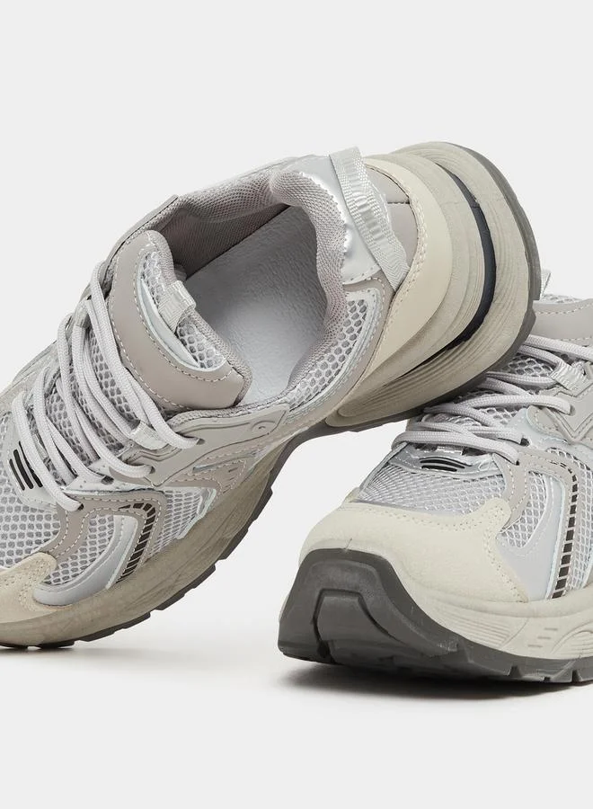 Styli Metallic Panel Chunky Sole Lace-Up Sneakers