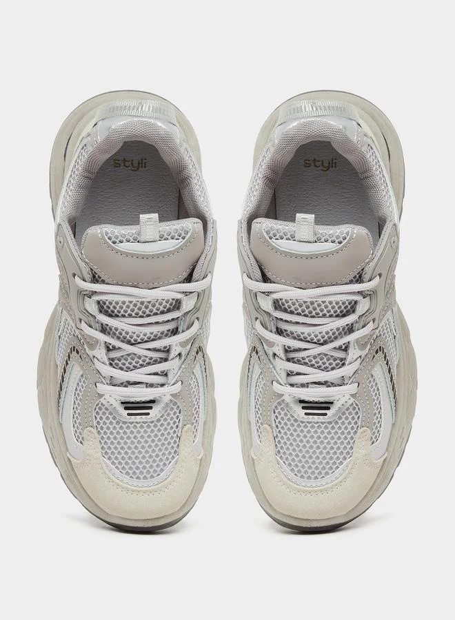 Styli Metallic Panel Chunky Sole Lace-Up Sneakers