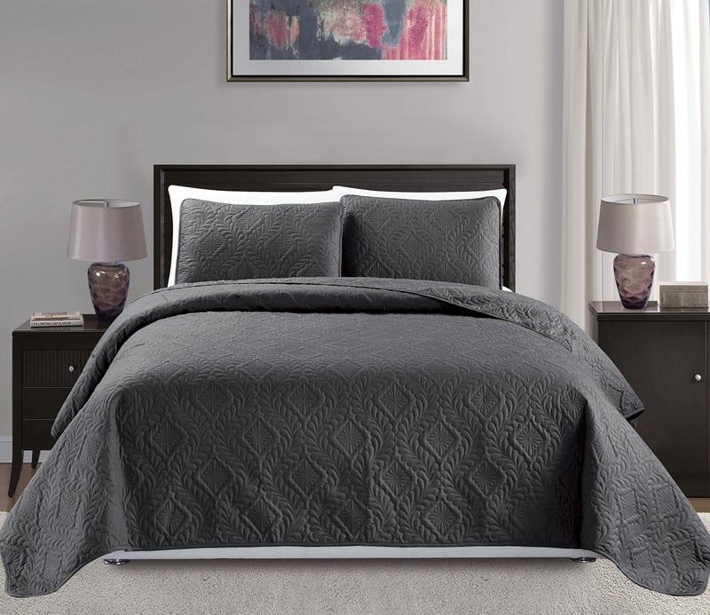 MK Home Mk Collection King/California King Over Size 118"x106" 3pc Diamond Bedspread Bed-Cover Embossed Solid Dark Grey/Charcoal New - Image 3