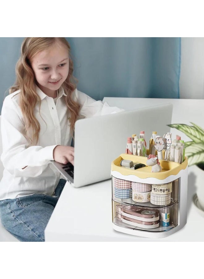 House of Quirk Countertop Pen Holder Plastic Stationery Storage Box With Rotating Drawer Pen Holder Desktop Storage Large Capacity (Yellow) - Image 3