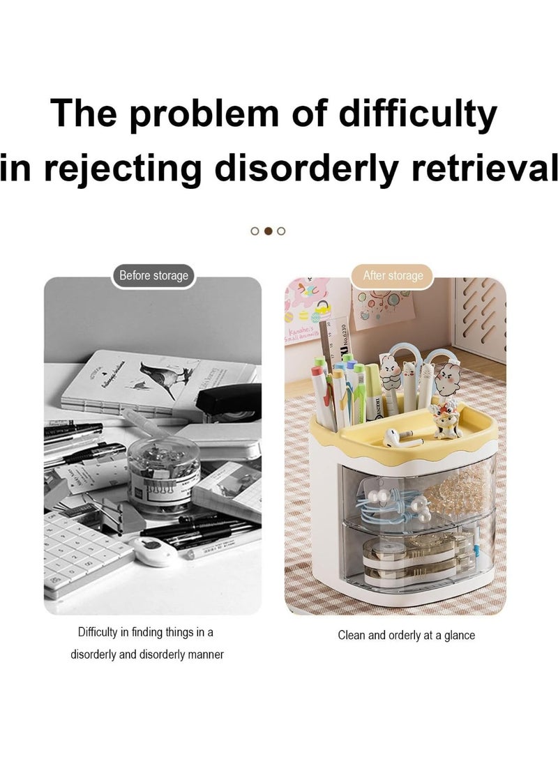 House of Quirk Countertop Pen Holder Plastic Stationery Storage Box With Rotating Drawer Pen Holder Desktop Storage Large Capacity (Yellow) - Image 4