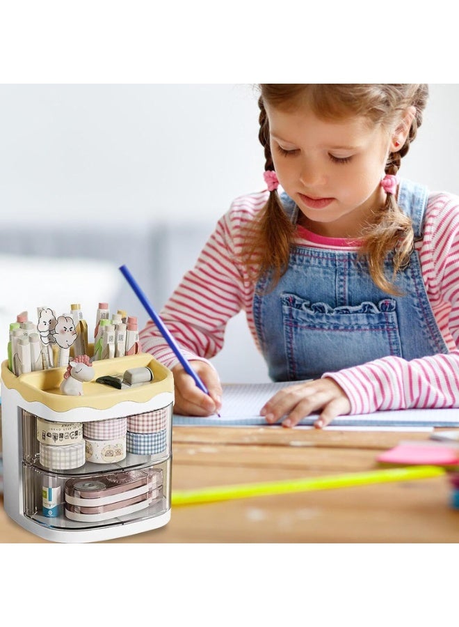 House of Quirk Countertop Pen Holder Plastic Stationery Storage Box With Rotating Drawer Pen Holder Desktop Storage Large Capacity (Yellow) - Image 5