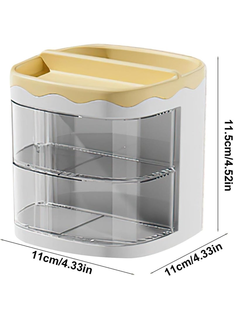 House of Quirk Countertop Pen Holder Plastic Stationery Storage Box With Rotating Drawer Pen Holder Desktop Storage Large Capacity (Yellow) - Image 2