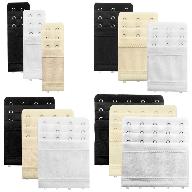 ACKLLR 12 Pieces Flexible Bra Extender Strap 2345 Hooks 3 Rows Adjustable Elastic Bra Band Extension for Women BlackWhiteBeige