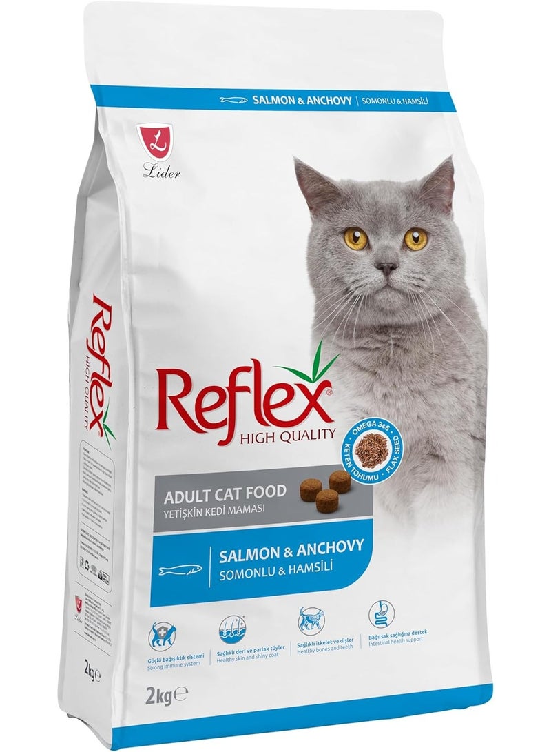 ريفليكس طعام قطط جاف للقطط البالغة بنكهة السلمون والأنشوجة - 2 كيلو- غني بأوميغا 3 و6 لتحسين الجلد والمناعة