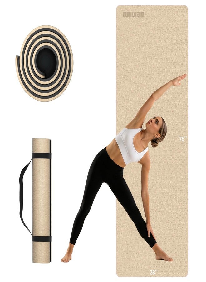 WUWAN 10mm Thick Yoga Mat for Tall Men & Women, Extra Long 76x28in Non Slip TPE Exercise Mat with Carrying Strap, Multipurpose Mat for Yoga Pilates Fitness(beige) - Image 1