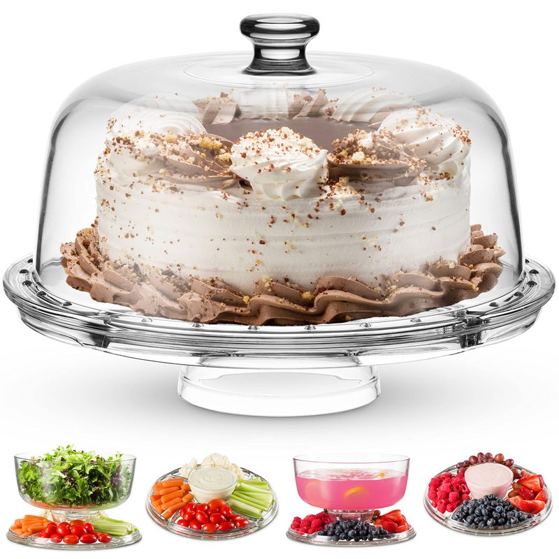 Godinger Cake Stand and Serving Plate Platter with Dome Lid, 6 in 1 Multi-Purpose Use, Crystal Glass Footed Cake Stand, Salad Bowl, Cake Plate, Fruit Platter - Made in Italy - Image 1