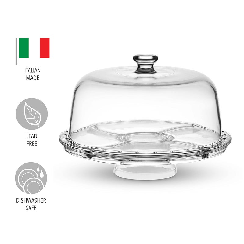 Godinger Cake Stand and Serving Plate Platter with Dome Lid, 6 in 1 Multi-Purpose Use, Crystal Glass Footed Cake Stand, Salad Bowl, Cake Plate, Fruit Platter - Made in Italy - Image 2