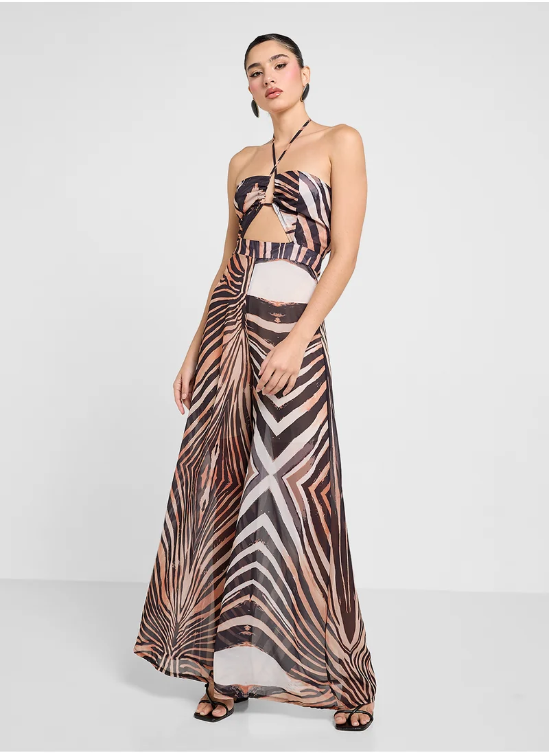 جينجر Halter Neck Leopard Print Wide Leg Jumpsuit