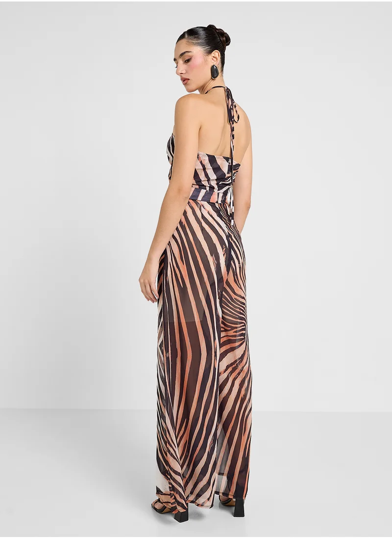 جينجر Halter Neck Leopard Print Wide Leg Jumpsuit