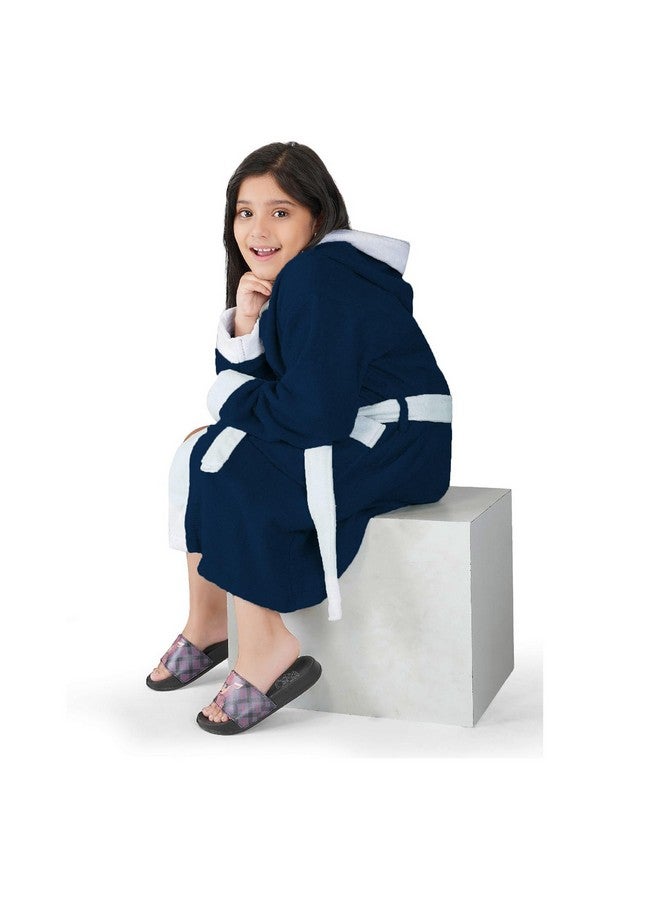 RANGOLI SOFT ABSORBENT DURABLE TOWELS Rangoli Noble 100% Cotton Terry Kids Bathrobe, 400 GSM | Ultra Soft Plush Hooded Bathrobe for Girls with 2 Pockets and Attached Adjustable Belt | Gown Bathrobe for kids Girls 11-12 Years, Navy Blue - Image 1