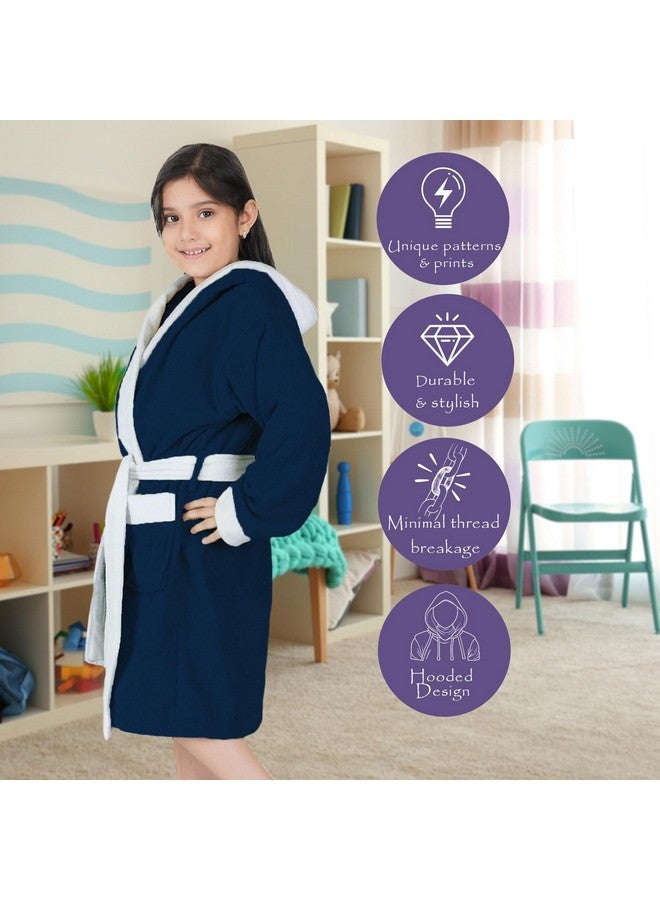 RANGOLI SOFT ABSORBENT DURABLE TOWELS Rangoli Noble 100% Cotton Terry Kids Bathrobe, 400 GSM | Ultra Soft Plush Hooded Bathrobe for Girls with 2 Pockets and Attached Adjustable Belt | Gown Bathrobe for kids Girls 11-12 Years, Navy Blue - Image 3