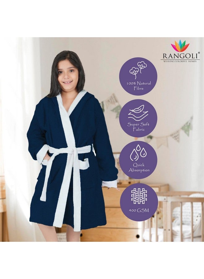 RANGOLI SOFT ABSORBENT DURABLE TOWELS Rangoli Noble 100% Cotton Terry Kids Bathrobe, 400 GSM | Ultra Soft Plush Hooded Bathrobe for Girls with 2 Pockets and Attached Adjustable Belt | Gown Bathrobe for kids Girls 11-12 Years, Navy Blue - Image 2