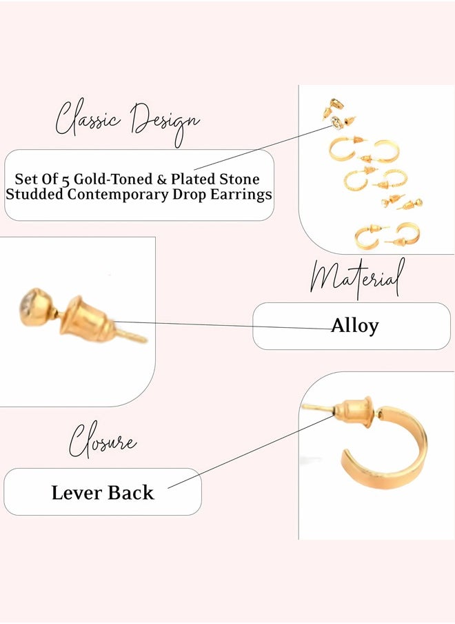 Just Peachy Just Peachy Set of 5 Gold-Toned & Plated Stone Studded Contemporary Drop Earrings ? Includes Elegant Drop Designs with Sparkling Stones High-Quality Gold Finish ? Perfect for Any Occasion  - Image 4