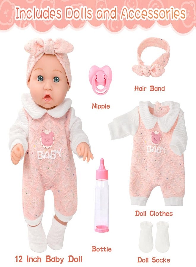DONTNO 12'' Baby Doll in Gift Box with Pink Bear Pattern Clothes Accessories Playset,Pacifier,Feeding Bottle. Used for Gift Idea for Child Ages 3+ - Image 2