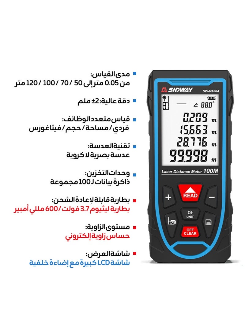 SNDWAY 50m Laser Measuring Instrument, Laser Measuring Tool, ±1/10 inch accuracy, metre/inch/foot unit switching, backlit LCD and Pythagoras mode, USB rechargeable for distance, area and volume measurement  - Image 4