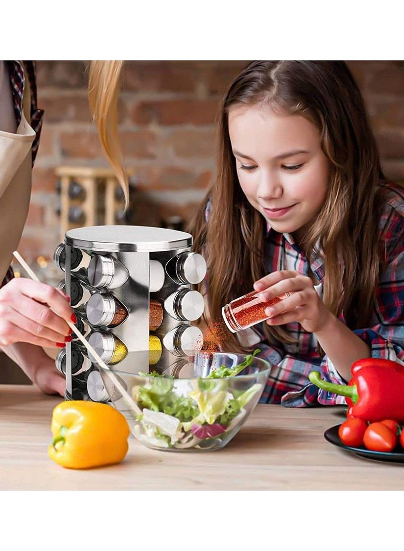DubaiGallery رف توابل زجاجي دوار من الفولاذ المقاوم للصدأ، 16 برطمانًا، غطاء كروم، إبريق مطبخ، زجاجة بهارات، قهوة، وعاء ختم السكر - Image 3