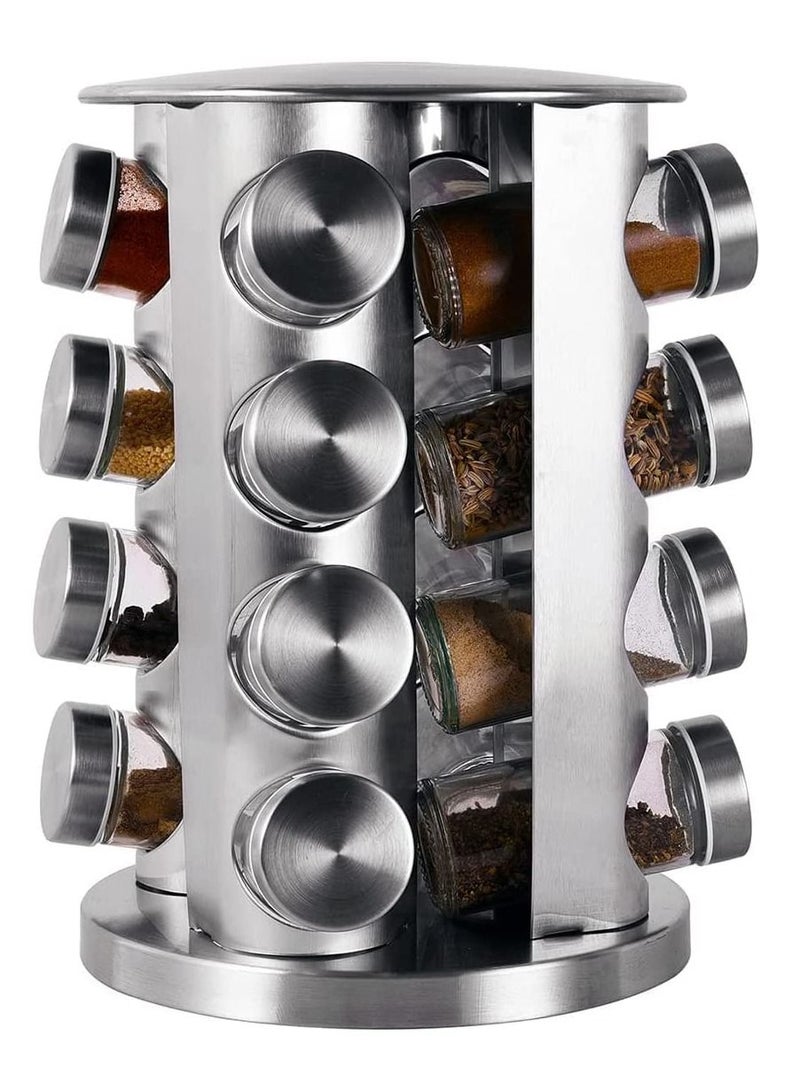 DubaiGallery رف توابل زجاجي دوار من الفولاذ المقاوم للصدأ، 16 برطمانًا، غطاء كروم، إبريق مطبخ، زجاجة بهارات، قهوة، وعاء ختم السكر - Image 2