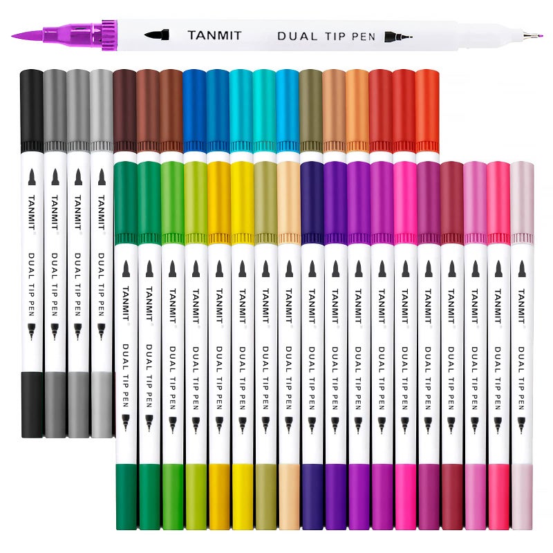 TANMIT Dual Brush Marker Pens for Coloring Books, Tanmit Fine Tip Coloring Marker & Brush Pen Set for Journaling Note Taking Writing Planning Art Project - Image 1