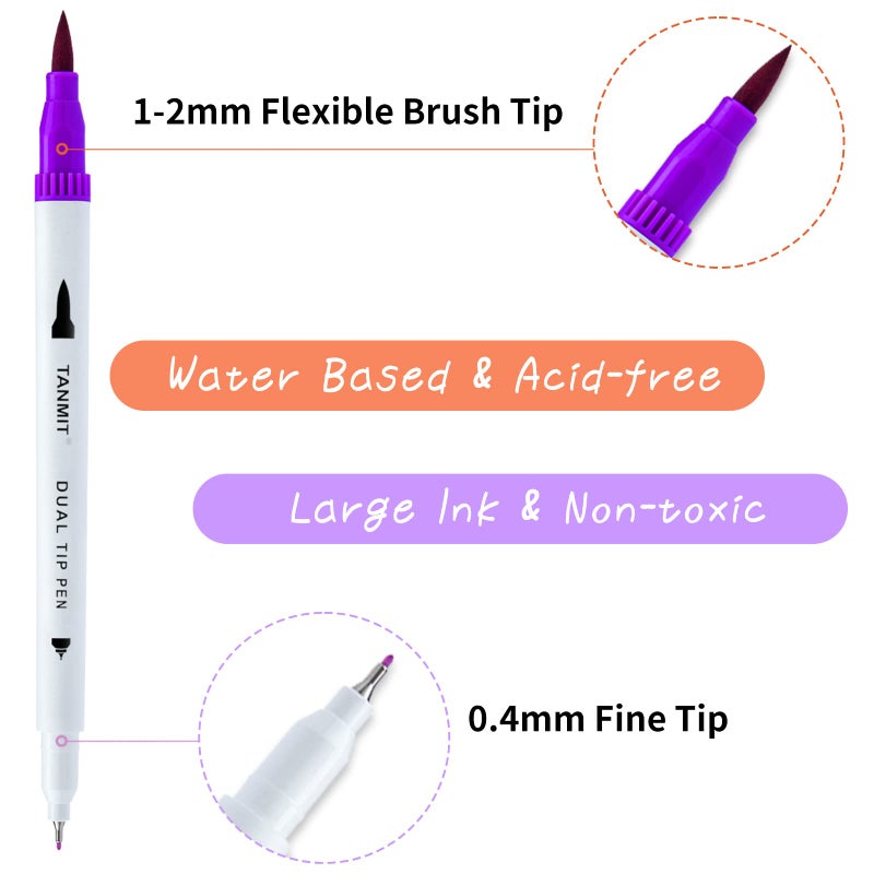 TANMIT Dual Brush Marker Pens for Coloring Books, Tanmit Fine Tip Coloring Marker & Brush Pen Set for Journaling Note Taking Writing Planning Art Project - Image 2