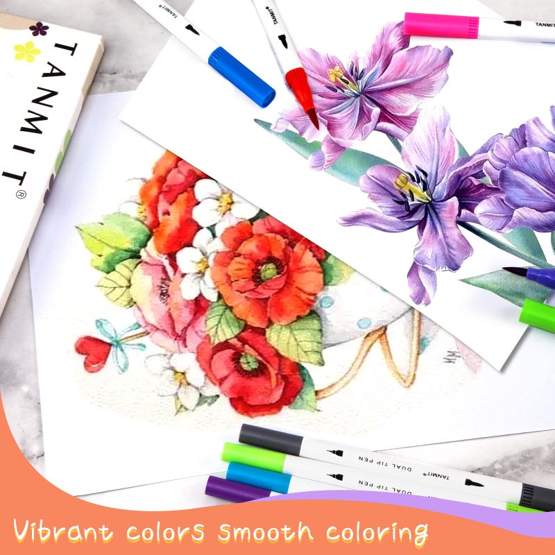 TANMIT Dual Brush Marker Pens for Coloring Books, Tanmit Fine Tip Coloring Marker & Brush Pen Set for Journaling Note Taking Writing Planning Art Project - Image 5