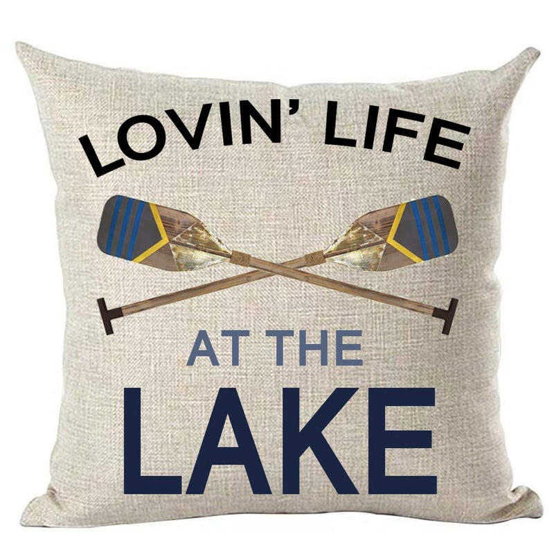 Ramirar Black Blue Word Art Quote Loving Life at The Lake Wooden Paddle Oar Summer Decorative Throw Pillow Cover Case Home Living Room Bed Sofa Car Cotton Linen Square 18 x 18 Inches