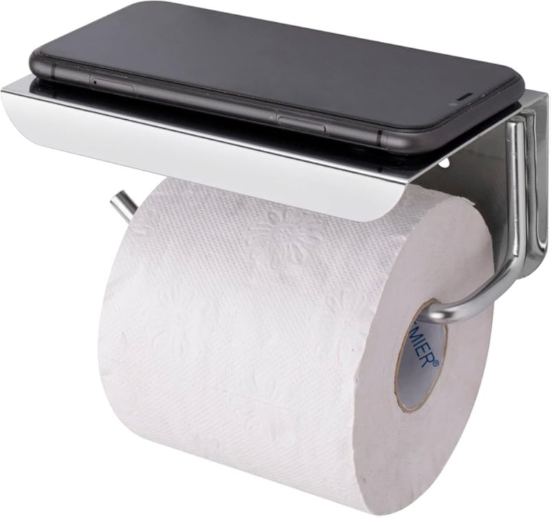 Stainless Steel Toilet Paper Holder with Mobile Stand, Toilet Paper Roll Holder for Bathroom, Wall Mounted Tissue Paper Holder with Shelf for Bathroom