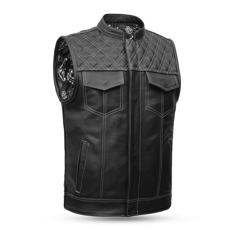 Leatherick Mens Black Motorcycle Vests SOA Club Traditional Paisley Satin Liner Leather Biker Vests US Alpha Small Regular Regular Black White Diamond - Image 2