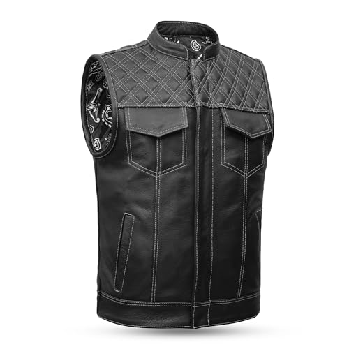 Leatherick Mens Black Motorcycle Vests SOA Club Traditional Paisley Satin Liner Leather Biker Vests US Alpha Small Regular Regular Black White Diamond - Image 1