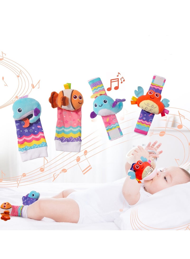 4Pcs Infant Socks And Wrist Rattles Toy Set For Kids, 2025 New Wrist Rattles Foot Finder Rattle Sock Baby Toddlor Toy, Rattle Toy, Arm Hand Bracelet Rattle, Sea Animal Feet Leg Ankle Socks, Present Gift for Newborn Infant Babies Boy Girl Bebe - Image 1