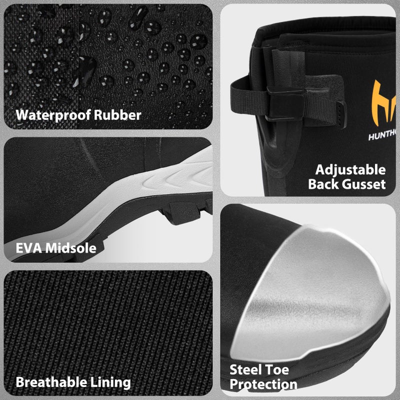 Hunthor Rubber Work Boots for Men with Steel Toe, 1100N Puncture-Proof Hunting Boots with 7mm Neoprene Waterproof and EVA Midsole, Adjustable Back Gusset, Ideal for Hunting, Work, and Farming Black Size 12 - Image 4