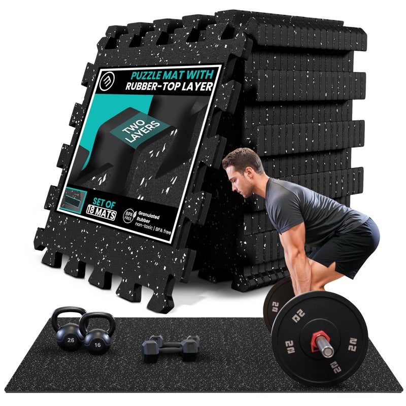 bemaxx Gym Mats Set - 18 pcs EVA Interlocking Foam Floor Tiles (12.6"x12.6"x0.4") 18sqft Protective Gym Flooring Sports Home Workout Exercise Mats Puzzle Garage Fitness Play-Room Pool Treadmill Bike - Image 1