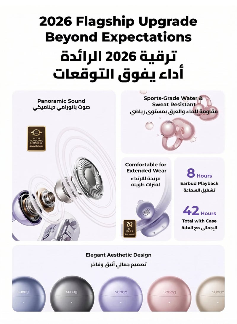 ساناج سماعات SANAG S6S Pro II اللاسلكية، سماعات بلوتوث 5.3 مفتوحة بمشبك الأذن، صوت Hi-Fi بمحرك مزدوج، مكالمات واضحة كالكريستال بميكروفون ثنائي ENC، عمر بطارية طويل 42 ساعة، رياضية مقاومة للعرق IPX4، متوافقة مع نظامَي iOS و Android — ذهبي - Image 4