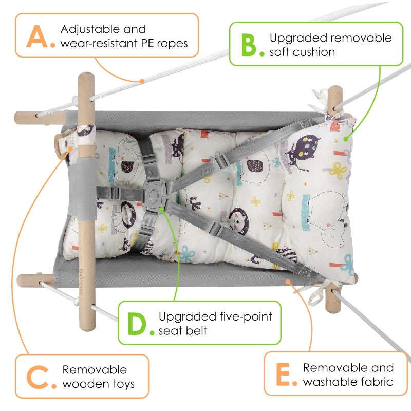 gladswing Canvas Baby Swing for Infants to Toddlers,Indoor Outdoor Wooden Hanging Swing Seat with Safety Belt and Mounting Hardware, Suitable for Ages Up to 3,Cute Animal - Image 3
