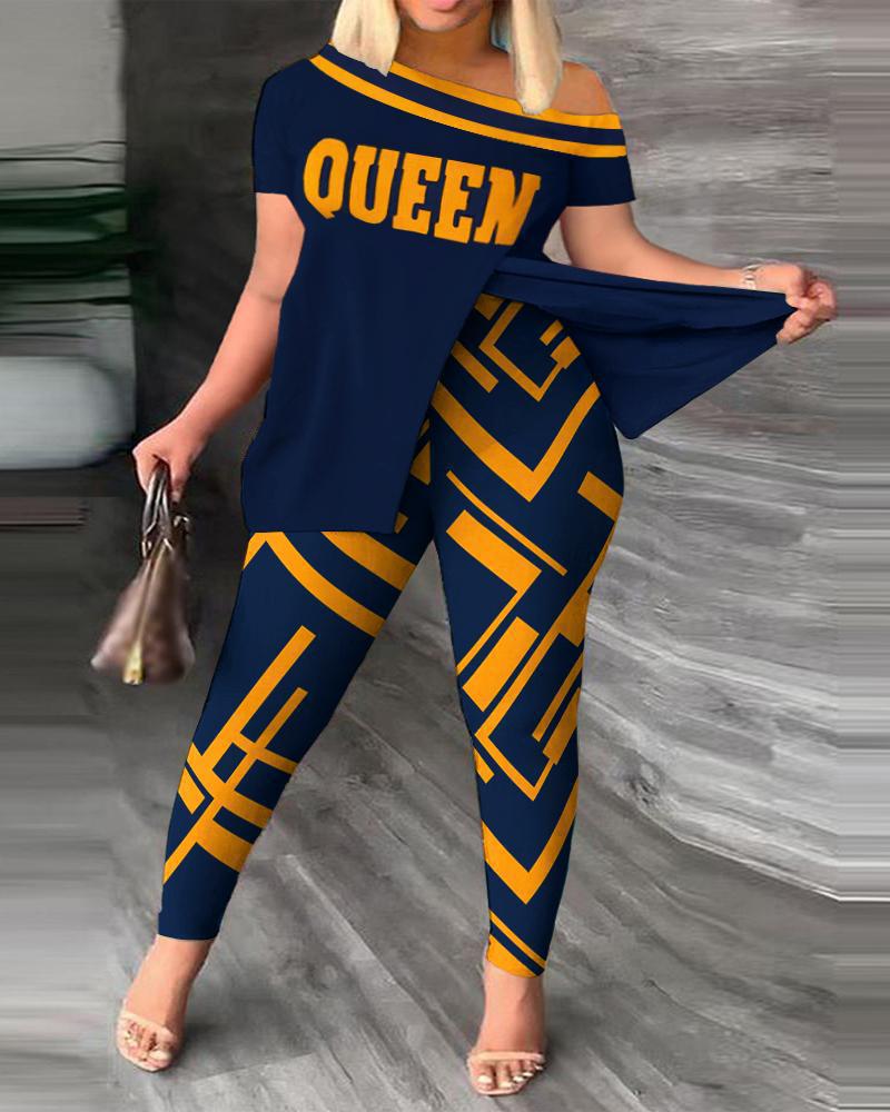 2026 Autumn European and American Women's Fashion Two-Piece Set with Slanted Neckline and Printed Pants