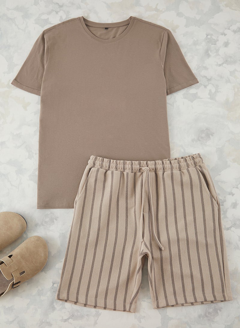 trendyol Beige Regular Fit Striped Knitted Pajamas Set Tmnss25Pt00029 - Image 1