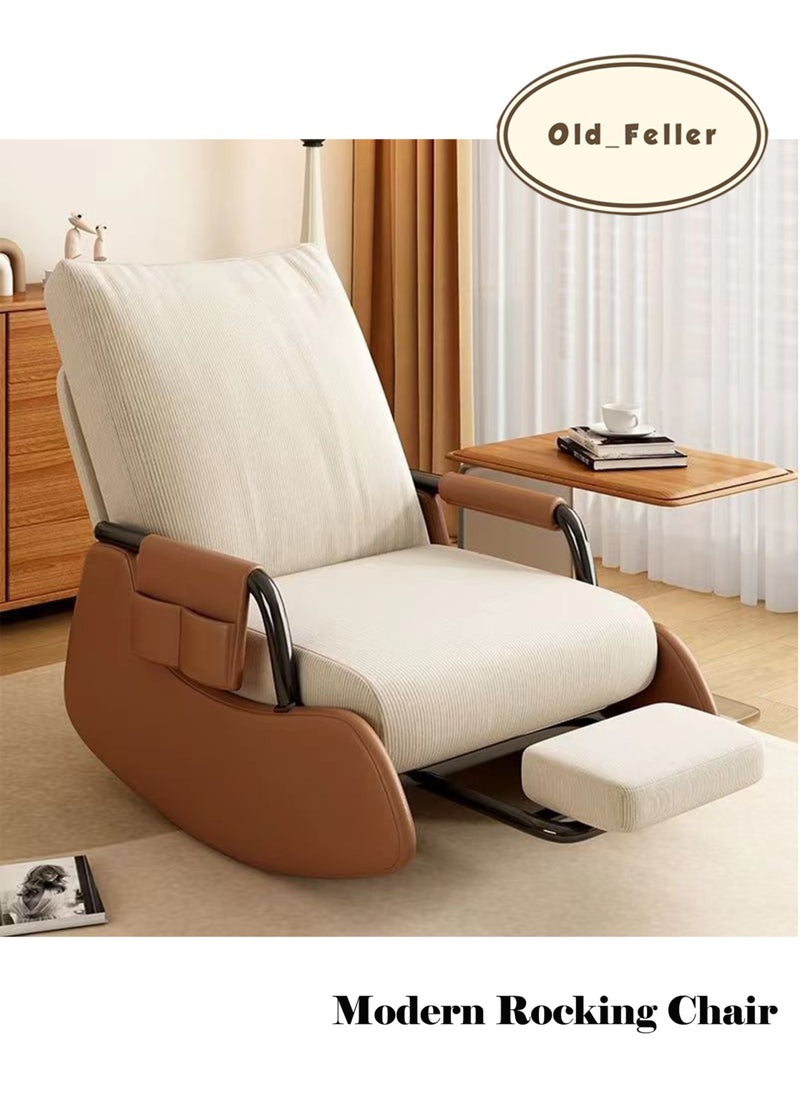 Old_Feller Modern rocking chair, Modern style rocking armchair with footrest and side pockets, Three-position adjustable upholstered high back rocking chair, Lounge chair for balcony, Lazy sofa chair for lounge living room bedroom patio garden （Beige/Brown）  - Image 1