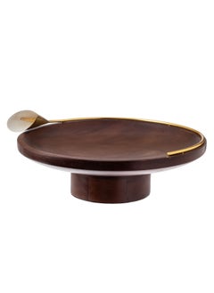 Dania Beech wood cake and serving stand with golden lily decor Brown 30x30x9 cm  - Image 1