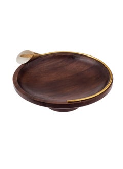Dania Beech wood cake and serving stand with golden lily decor Brown 30x30x9 cm  - Image 4